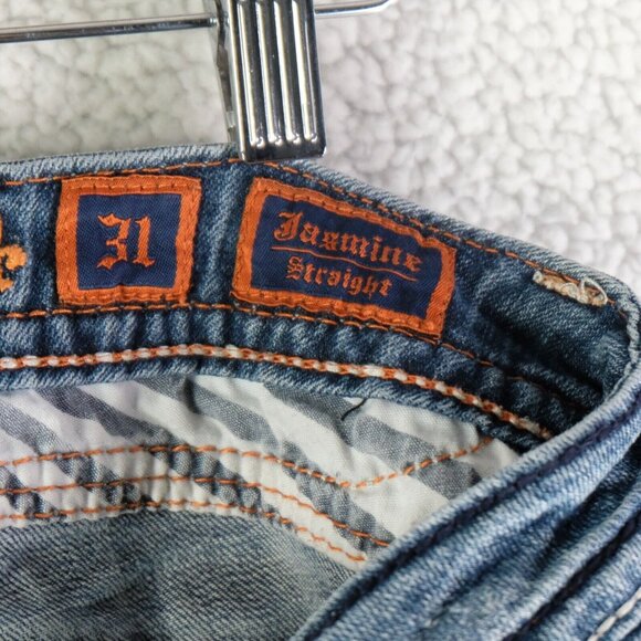 Rock Revival Jeans Mens 31x32  Straight Blue Stone Wash Whiskers Rhinestones - Picture 11 of 13